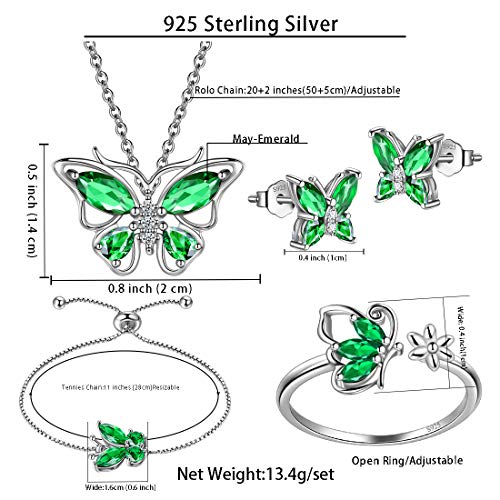 925 Sterling Silver Birthstone Butterfly Jewelry Women Crystal Animal Cute Butterflies Birthday Necklace/Earring/Ring/Bracelet Sets Birth Stone Statement Anniversary Jewellery - color: 3-E.May-Emerald