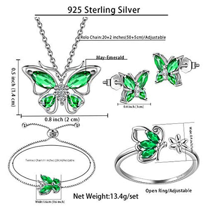 925 Sterling Silver Birthstone Butterfly Jewelry Women Crystal Animal Cute Butterflies Birthday Necklace/Earring/Ring/Bracelet Sets Birth Stone Statement Anniversary Jewellery - color: 3-E.May-Emerald