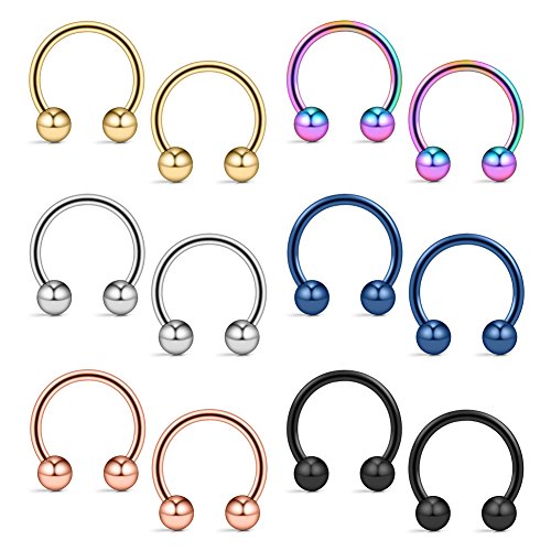 12PCS 14G Surgical Steel Nose Septum Horseshoe Hoop Earring Eyebrow Tragus Lip Piercing Ring - style: 14mm w Balls