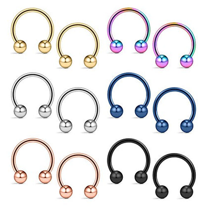 12PCS 14G Surgical Steel Nose Septum Horseshoe Hoop Earring Eyebrow Tragus Lip Piercing Ring - style: 14mm w Balls