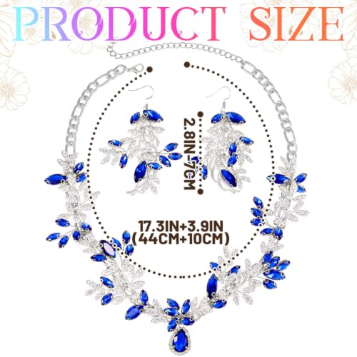 Green Rhinestone Indian Jewelry Set Gold Bridal Wedding Necklace and Earrings Sets Prom Costume Jewelry for Women and Brides - color: Silver Blue