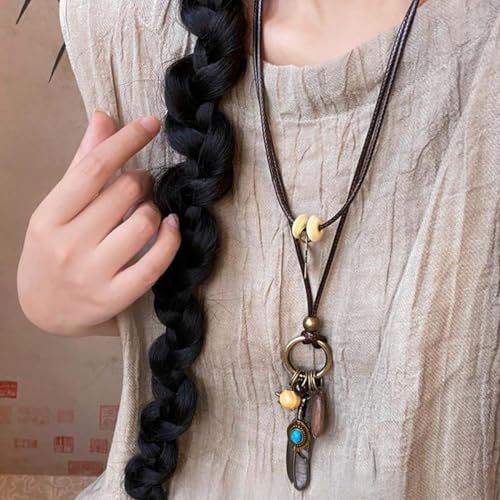 Boho Necklace for Women Long Layered Wooden Leather Leaf Pendant Statement Necklace Vintage Boho Jewelry - style: Feather