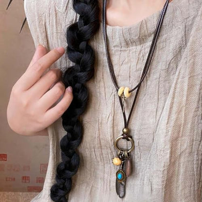 Boho Necklace for Women Long Layered Wooden Leather Leaf Pendant Statement Necklace Vintage Boho Jewelry - style: Feather