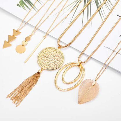 Fesciory 6 PCS Long Pendant Necklace for Women, Gold Bar Circle Leaf Triangle Tassel Y Necklace Set | Gold Plated Bar, Circle, Leaf, Triangle and Disc Pendant, Adjustable Fit, Long Necklace Jewelry Gifts for Loves - color: Set 1