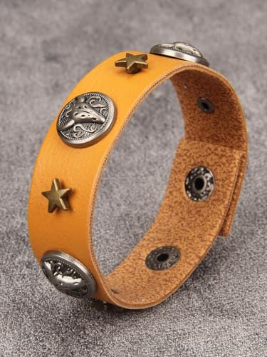 Jeilwiy Punk Leather Wristbands for Men Bracelets Handmade Wide Cuff Bangle Braided Jewelry Black Brown Adjustable - Punk Father's Gifts - color: Rocker Star & Orange