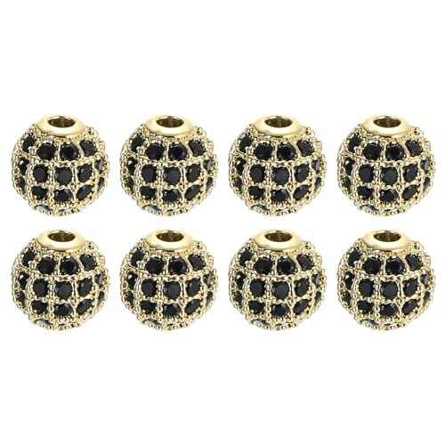 UXCell Round Charm Spacer Beads, 8Pcs 6mm - Brass Rhinestone & Zircon Beads for DIY Bracelets & Earrings (Black - Gold) - color: Gold, size: 6mm