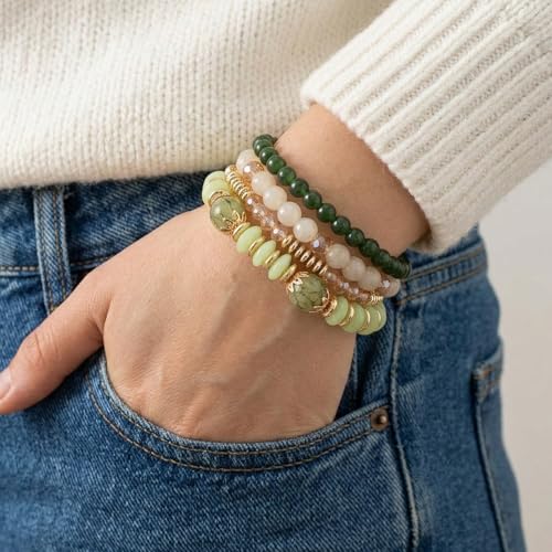 Ouligay 4PCS Green Bracelets for Women Boho Beaded Bracelets Set Crystal Bracelets Stackable Summer Jewelry Bracelets Beach Vacation Gifts