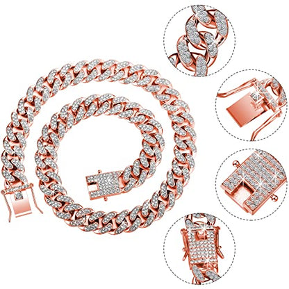 Hicarer 2 Pieces Cuban Link Chain for Men Women Cuban Necklace Bracelet Heavy Strong Link Chain Bling Unisex - color: Rose Gold, size: 17.72 Inch, 7.87 Inch