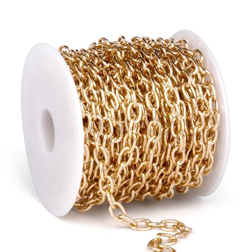 33FT 5MM Gold Rolo Cable Chain Roll Bulk for Jewelry Making DIY Craft | Light Weight Gold Plated Aluminium Cable O Link Chains Spool for Necklace Bracelet - color: Gold Color, size: 5mm width