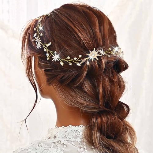 Unicra Star Rhinestone Bride Wedding Hair Vine Gold Bridal Hair Piece Crystal Hair Accessories for Women (21 Inches) - color: Gold