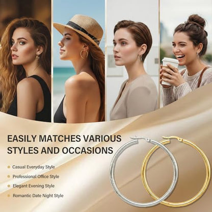4 Pairs Silver Gold Hoop Earrings for Women,30/40/50/60 mm Stainless Steel 14K Silver Gold Plated Loop Earrings for Women Hypoallergenic Fashionable Lightweight Big Women Earrings Loop Earrings Set - color: Silver+Gold-30/40/50/60mm