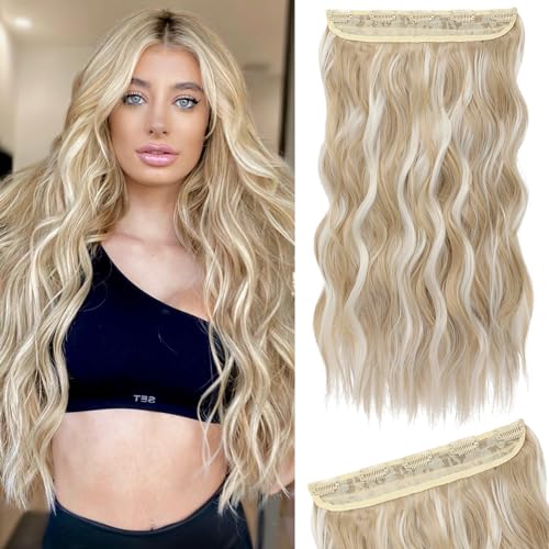 REECHO Blonde Hair Extensions, 20” One Piece Clip in Hair Extensions Thick Long Beach Wavy Natural Soft Synthetic Hairpieces for Women, Ash Blonde with Highlights - color: Ash Blonde with Highlights - Wavy, size: 20 Inch (Pack of 1)