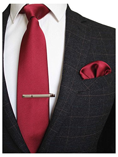 JEMYGINS Solid Color Formal Necktie and Pocket Square Tie Clip Sets for Men - color: Burgundy