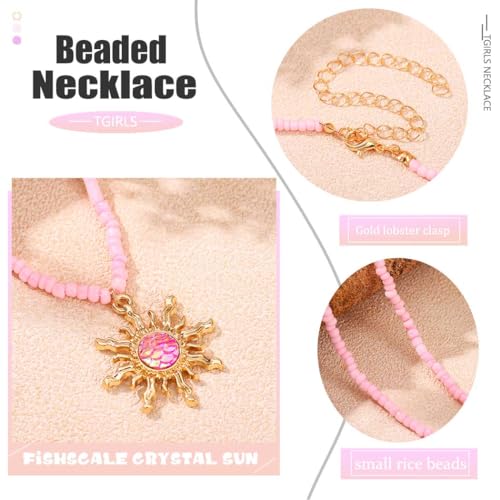 Tgirls Boho Beaded Choker Necklace Opal Bead Necklace Sun Pendant Summer Jewelry for Women - color: Pink