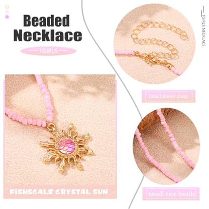 Tgirls Boho Beaded Choker Necklace Opal Bead Necklace Sun Pendant Summer Jewelry for Women - color: Pink