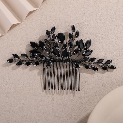 Teyglen Gothic Black Crystal Hair Comb Vintage Headpiece for Halloween Black Rhinestone Wedding Hair Comb Costume Hair Accessories for Women Festival Hair Piece (Black) - color: Black