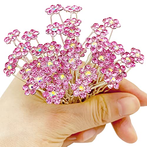 Rhinestone Flower Hair Pins, 40 Pcs U-Shaped Crystal Party Wedding Bridal Hair Accessories for Women Girls (Light Pink) - color: Light Pink