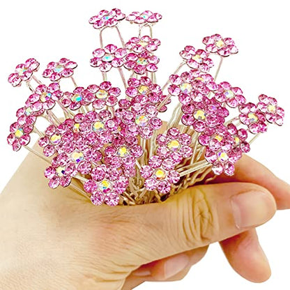 Rhinestone Flower Hair Pins, 40 Pcs U-Shaped Crystal Party Wedding Bridal Hair Accessories for Women Girls (Light Pink) - color: Light Pink