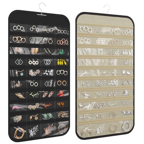 Hanging Jewelry Organizer, 80-Pocket Double-Sided Storage, 1-Pack, Black and Beige - color: Black and Beige