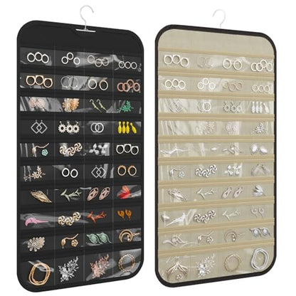 Hanging Jewelry Organizer, 80-Pocket Double-Sided Storage, 1-Pack, Black and Beige - color: Black and Beige