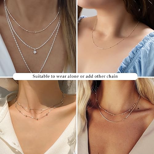 FUNEIA 925 Sterling Silver Necklace for Women Trendy Dainty Real Silver Chain Necklace Simple Thin Box Chain Beaded Chain Snake Chain Herringbone Necklaces Jewelry 14/16/18 Inch - color: 1.5mm Beaded Chain
