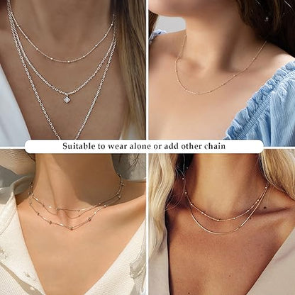 FUNEIA 925 Sterling Silver Necklace for Women Trendy Dainty Real Silver Chain Necklace Simple Thin Box Chain Beaded Chain Snake Chain Herringbone Necklaces Jewelry 14/16/18 Inch - color: 1.5mm Beaded Chain