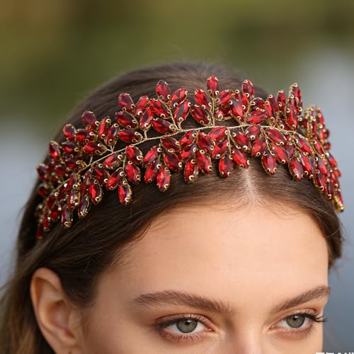 Missgrace Women Silver Green Black Red Blue Handmade Full Crystal Rhinestone Large Headband Hair Vine Shinny Headpiece Bridal Wedding Hair Accessories for Women (Red) - color: Red