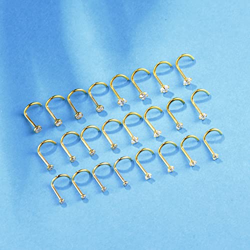 8PCS G23 Titanium Twist Screw Nose Studs 18G 20G Nose Rings 2mm 2.5mm 3mm Clear Pink Purple Aurora CZ Gold Nose Piercing Studs Nostril for Women Men - style: 18g gold clear cz 3mm
