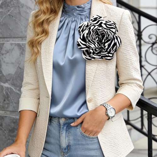 PLwelth Large Flower Brooch Pins Floral Hair Clips for Women Lapel Pins for Dress Clothes Suits Wedding Party Jewelry Gifts - color: Zebra-Black and White
