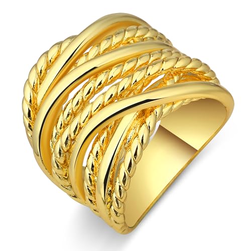Mytys Wide Band Rings Twisted Rope Ring Two-Tone Mixed Metal Braided Statement Rings Fashion Jewelry for Women - color: Gold