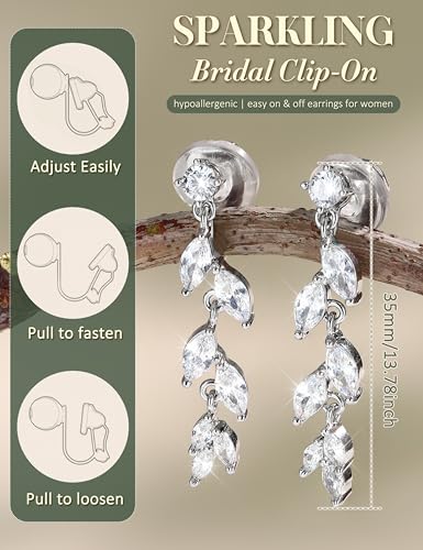 Florideco Silver Plated Clip On Earrings Wedding Dangle Earrings for Women - color: S-Short Leaves