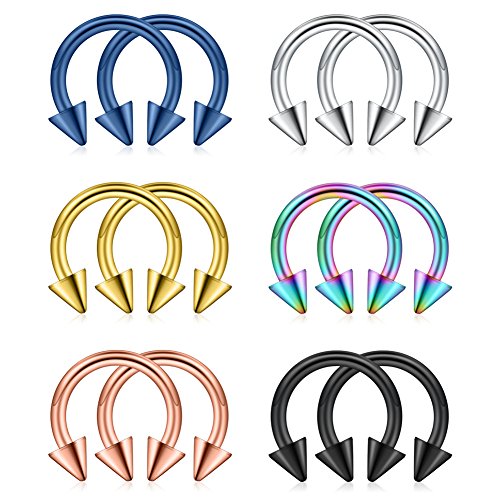 12PCS 12G Surgical Steel Nose PA Septum Horseshoe Hoop Earring Eyebrow Tragus Lip Piercing Ring - style: 10mm w Spikes