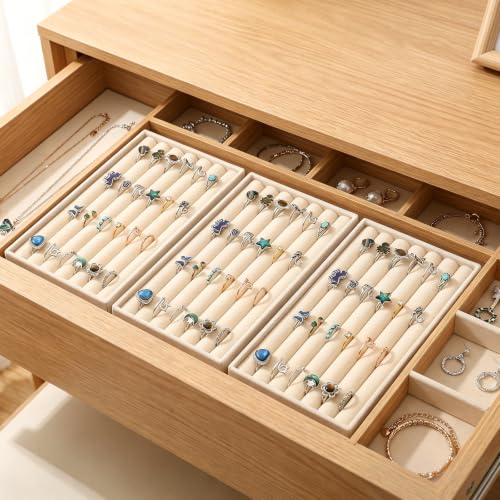 8 Pcs Velvet Jewelry Trays 7 Slot Ring Tray for Drawer Mini Earring Display | Stackable Ring Board Case,Small Stud Earring Holder,Inserts Bracelet Necklace Storage Trays for Women, 8.3x4.8x1"(Beige)