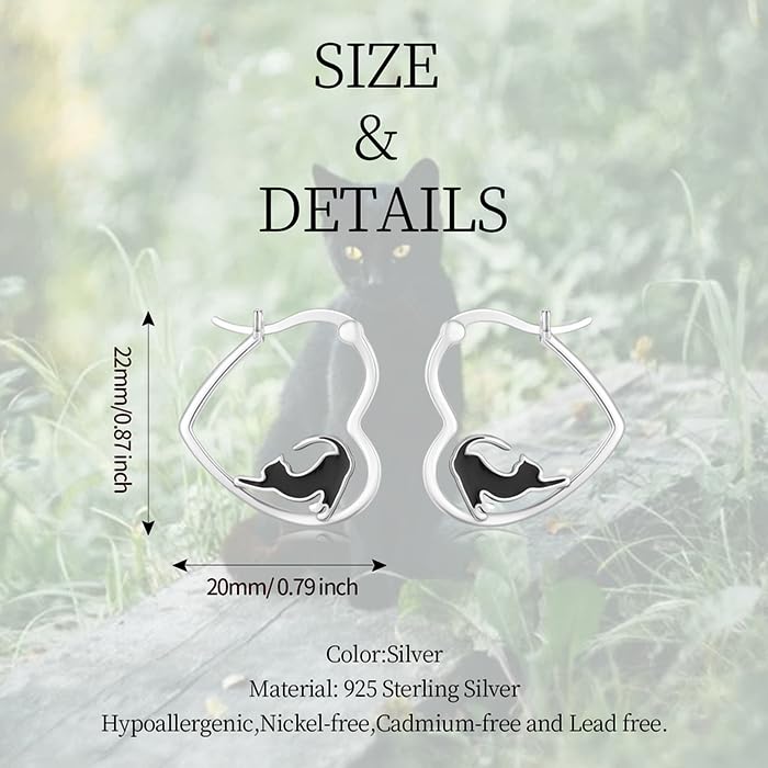 LES OSEWA Dog Animal Earrings Sterling Silver Animal Heart Hoop Dangle Earrings Cute Jewelry Gifts for Women - color: Black Cat