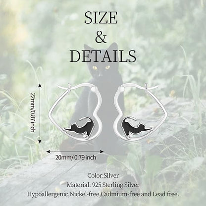 LES OSEWA Dog Animal Earrings Sterling Silver Animal Heart Hoop Dangle Earrings Cute Jewelry Gifts for Women - color: Black Cat