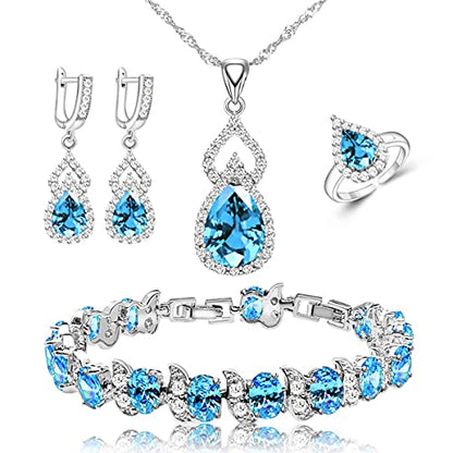 LMXXVJ Women Jewelry Set Platinum Plated Necklace Open Ring Earrings Bracelet Set,Birthday/Anniversary Mother’s Day Jewelry Gifts for Mom/Wife/Sister/Best Friend - color: Sky Blue