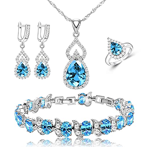 LMXXVJ Women Jewelry Set Platinum Plated Necklace Open Ring Earrings Bracelet Set,Birthday/Anniversary Mother’s Day Jewelry Gifts for Mom/Wife/Sister/Best Friend - color: Sky Blue
