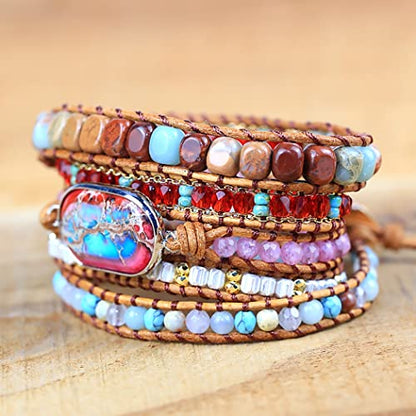 Women Wrap Bracelet Boho Natural Jasper Crystal Stone Beads Strand Bracelets - color: Style 12-Emperor Stone