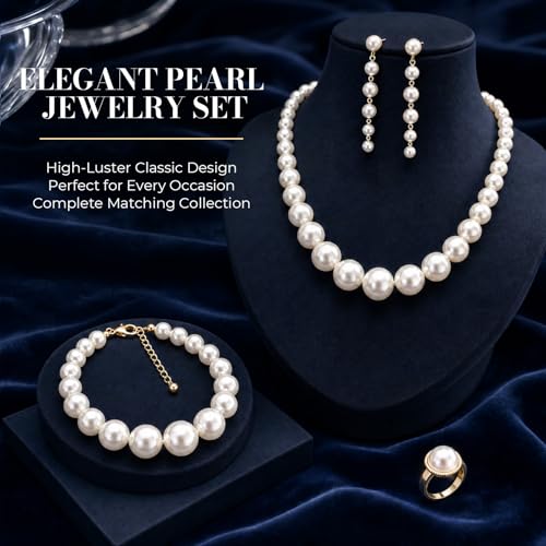 4 Pcs Pearl Necklace Set for Women, Large Faux Pearls Jewelry with Earrings Bracelet, Collar De Perlas Accessories Para Mujer