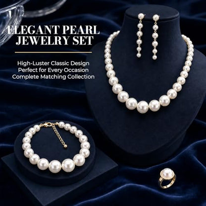 4 Pcs Pearl Necklace Set for Women, Large Faux Pearls Jewelry with Earrings Bracelet, Collar De Perlas Accessories Para Mujer