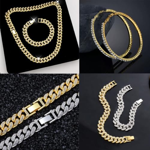 8 PcsCuban Link Chain jewelry sets for Woman with Rhinestone Necklace Bracelet Earrings Bling Diamond chunky Chain Jewelry - color: Golden A, size: 18inch