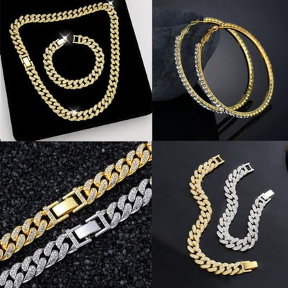 8 PcsCuban Link Chain jewelry sets for Woman with Rhinestone Necklace Bracelet Earrings Bling Diamond chunky Chain Jewelry - color: Golden A, size: 20inch