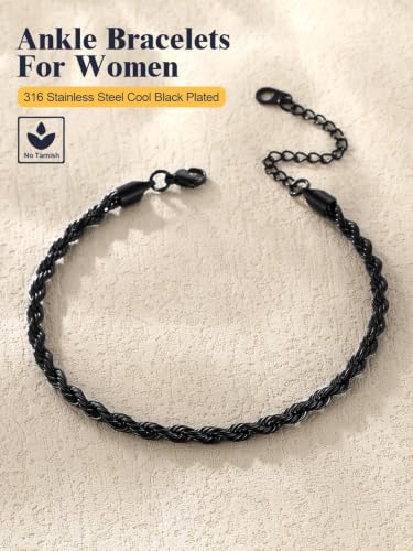 U7 Ankle Bracelets for Women Stainless Steel Waterproof Tarnish Resistant | 18K Gold Plated/Silver/Rose Gold Anklets, Cuban Chain Anklet Bracelets, Perfect for Summer Beach and Vacation Outfits - color: Black-3mm-Rope Chain