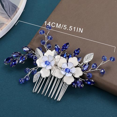 Flower Leaf Design Wedding Hair Comb, Metal Bridal Hair Accessory with Rhinestone, Wedding Prom Hair Clip Headpiece for Women (White Blue Flower) - color: White Blue Flower