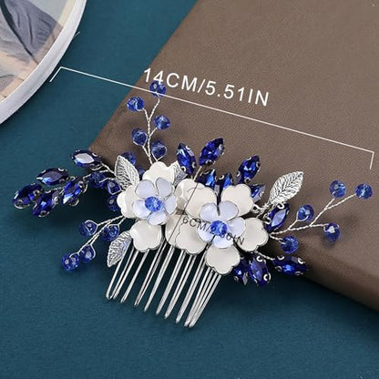 Flower Leaf Design Wedding Hair Comb, Metal Bridal Hair Accessory with Rhinestone, Wedding Prom Hair Clip Headpiece for Women (White Blue Flower) - color: White Blue Flower