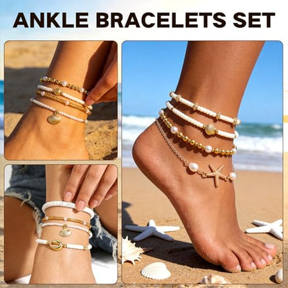 8Pcs Boho Shell Anklets Set, Adjustable Summer Beach Foot Jewelry | Handmade Seashell Starfish Ankle Bracelets for Women, Ocean Accessories for Summer Vacations, Hawaiian Trips or Pool Parties