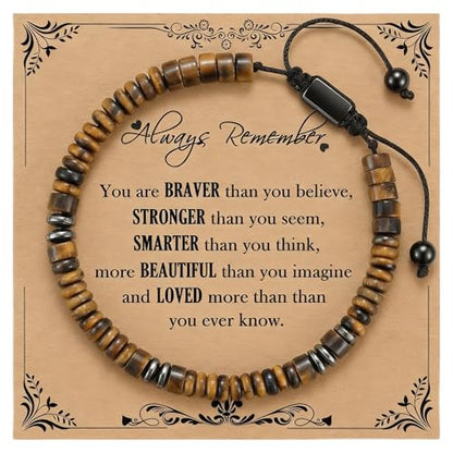 Natural Stone Beaded Bracelet for Men Women Boho Adjustable - color: Tiger Eye-always remember