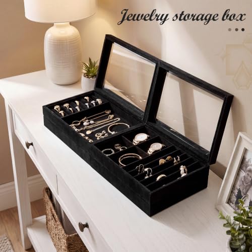 SiliFine Set of 4 Large Stackable Velvet Jewelry Trays with 4 Lids,Black - color: Black
