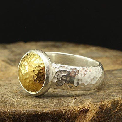 Dome Pebble Ring 925 Sterling Silver 24K Gold Vermeil Two-tone Hammered Handcrafted Designer Hand Forged Half Round Band Ring