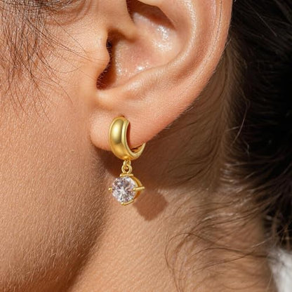 Chunky Gold Huggie Cz Dangle Earrings for Women | Hoop Huggies Dangly, Cubic Zirconia Drop Earring, Diamond Crystal Charm, Statement Dangling Earrings, Jewelry Gifts - color: Gold-Cz
